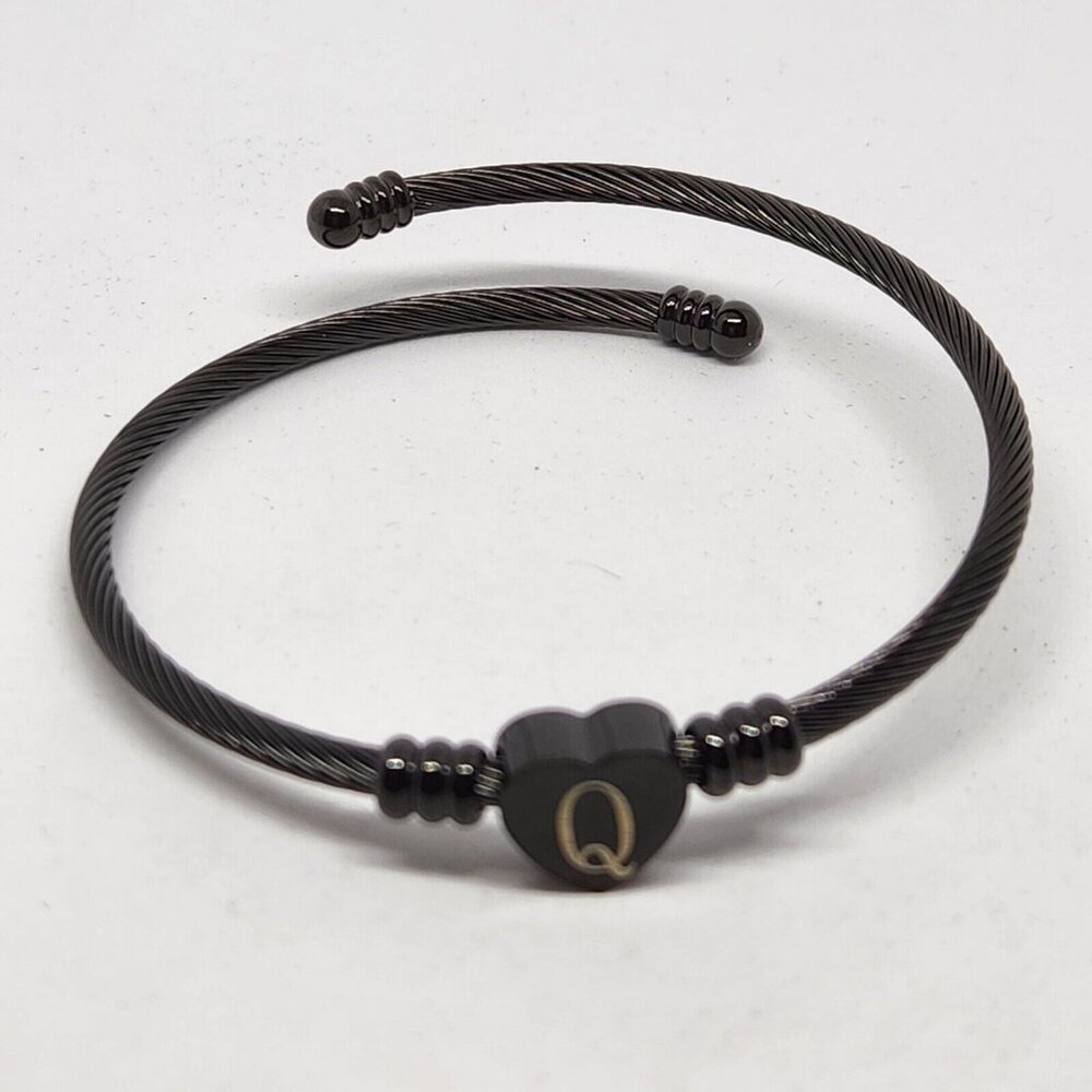 Initial Q Heart Coil Bangle Bracelet Black